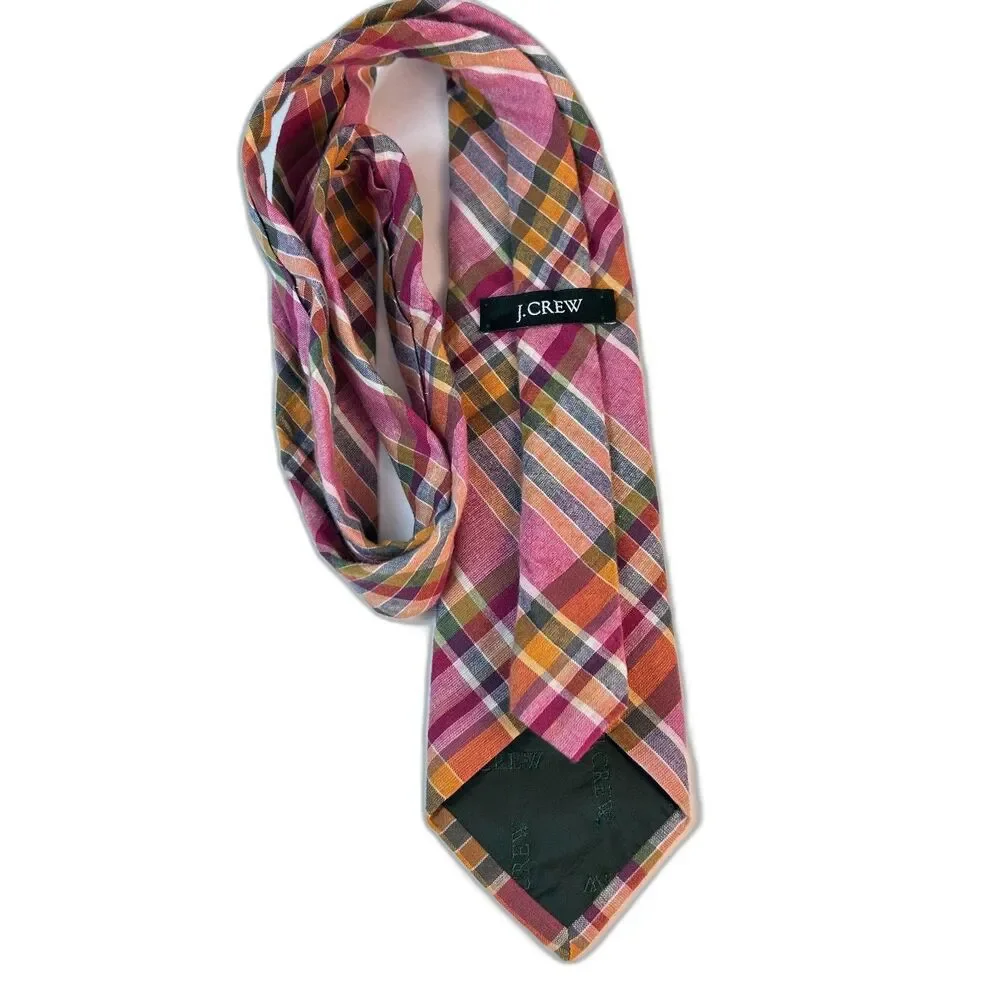 J. Crew Men's Pink Orange Multicolor Preppy Madras Plaid 100% Cotton Tie